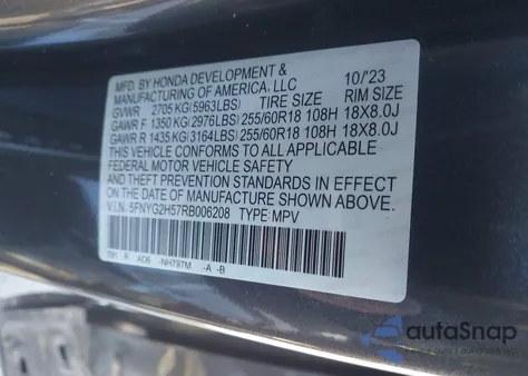 2024 Honda Pilot Ex-L 7 Passenger z USA, uszkodzony, nr VIN 5FNYG2H57RB006208